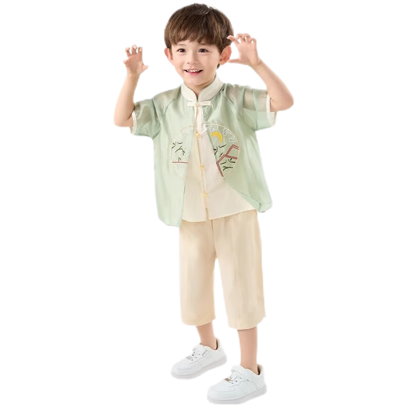 羅蒙漢服男童中國風(fēng)兒童新中式古裝演出服 山水色男童唐裝套裝 120