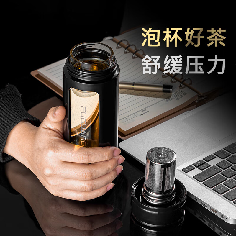 PJ玻璃杯塑玻杯防烫隔热车载防摔茶水分离车载商务茶杯 经典款大容量-蓝色1000ml