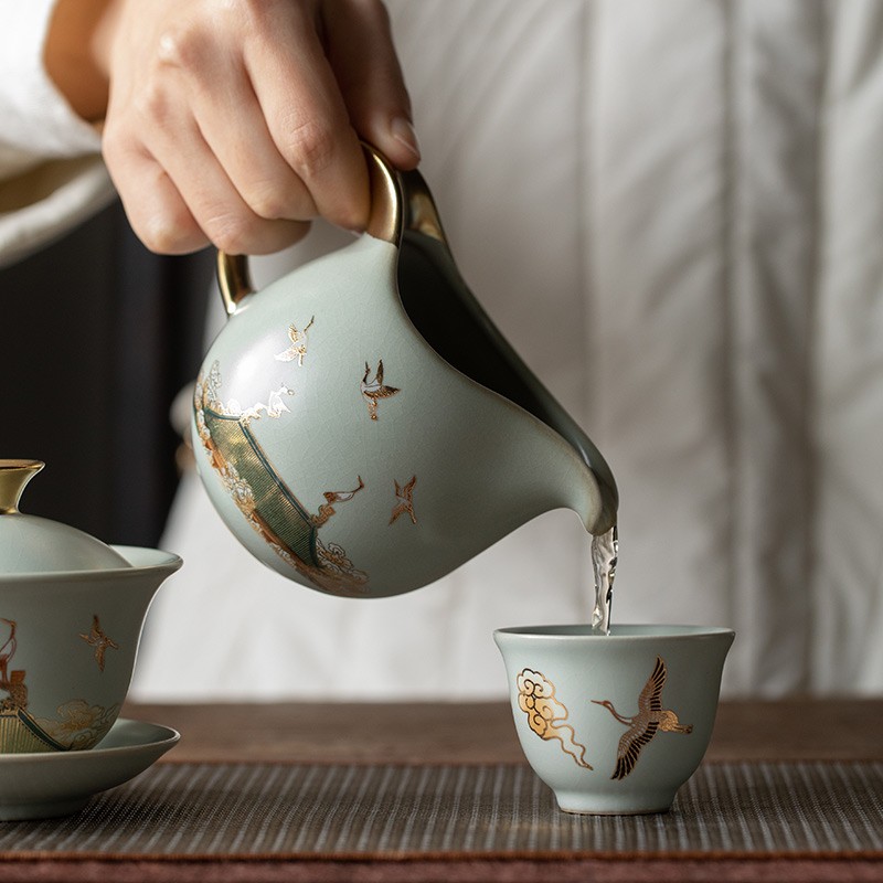 京峰阁 功夫茶具套装 茶壶汝窑瑞鹤呈祥盖碗茶杯可开片高档轻奢家用送礼 瑞鹤呈祥贵妃壶套装 6人饮 11件