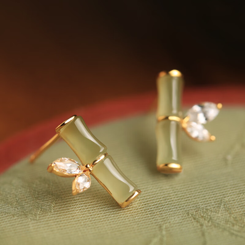 萨蒂玛竹节和i田玉 925足银耳钉女 中式国风感小竹子古风耳饰耳环耳坠