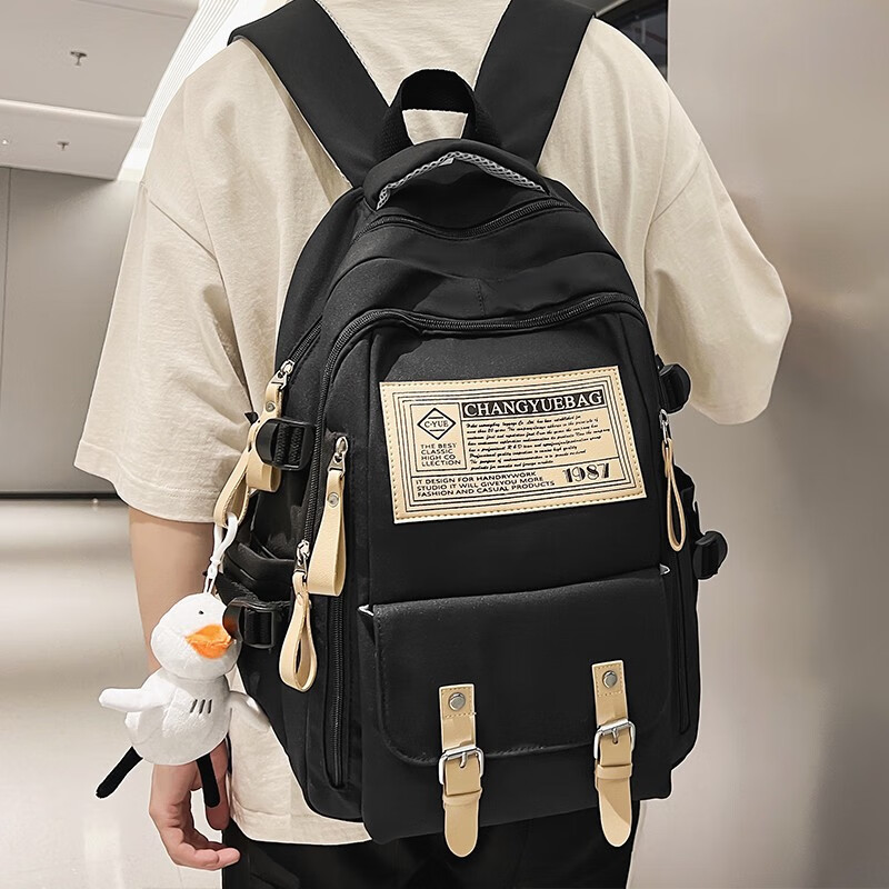 凡筱若潮酷书包女初中生男高中ins大容量宽背带设计感双 黑色【带加油