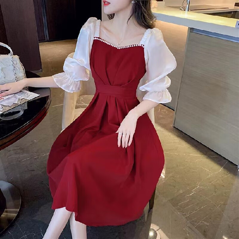 潤華年哺乳衣外出辣媽套裝大碼夏季孕婦裝可哺乳連衣裙法式收腰 紅色中袖【哺乳款】 M