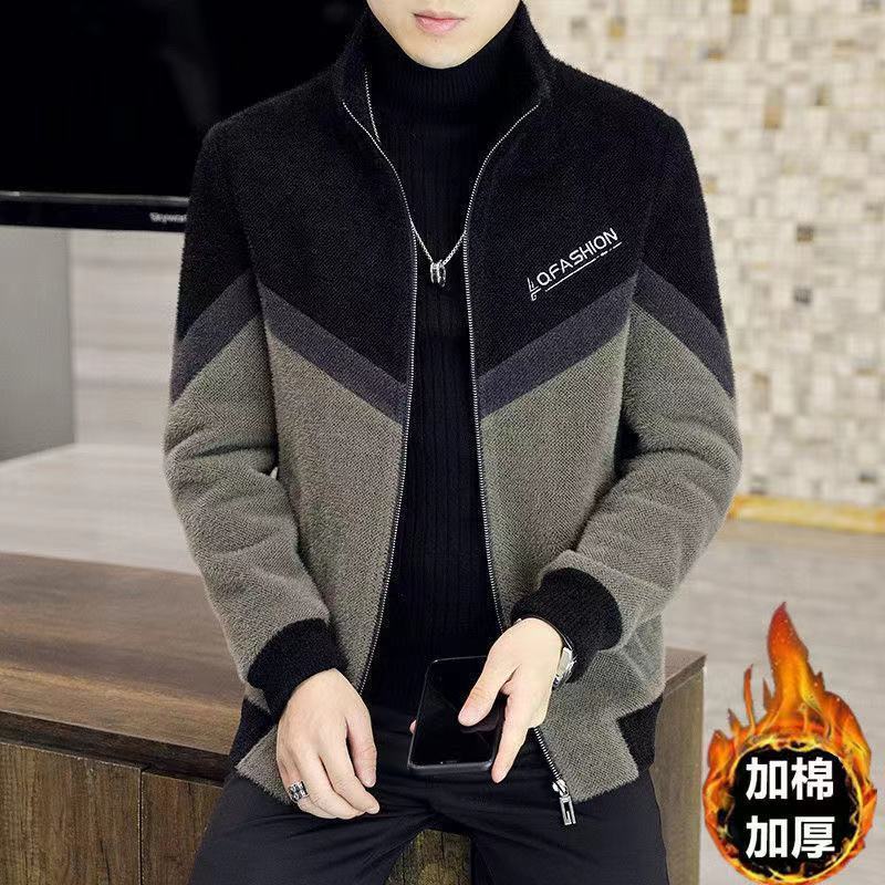 茂乐金貂绒外套男士秋冬修身韩版休闲帅气夹克衫男拼接青年毛呢外套