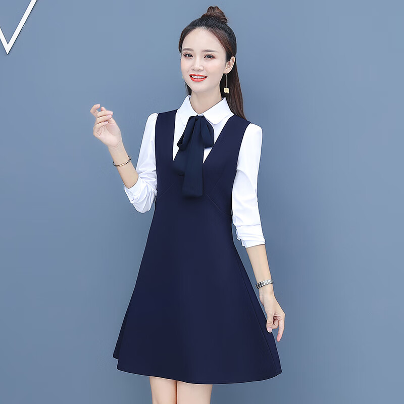 教师工作服夏秋教资面试套装长袖白衬衫幼儿园老师园服连衣裙女中长款