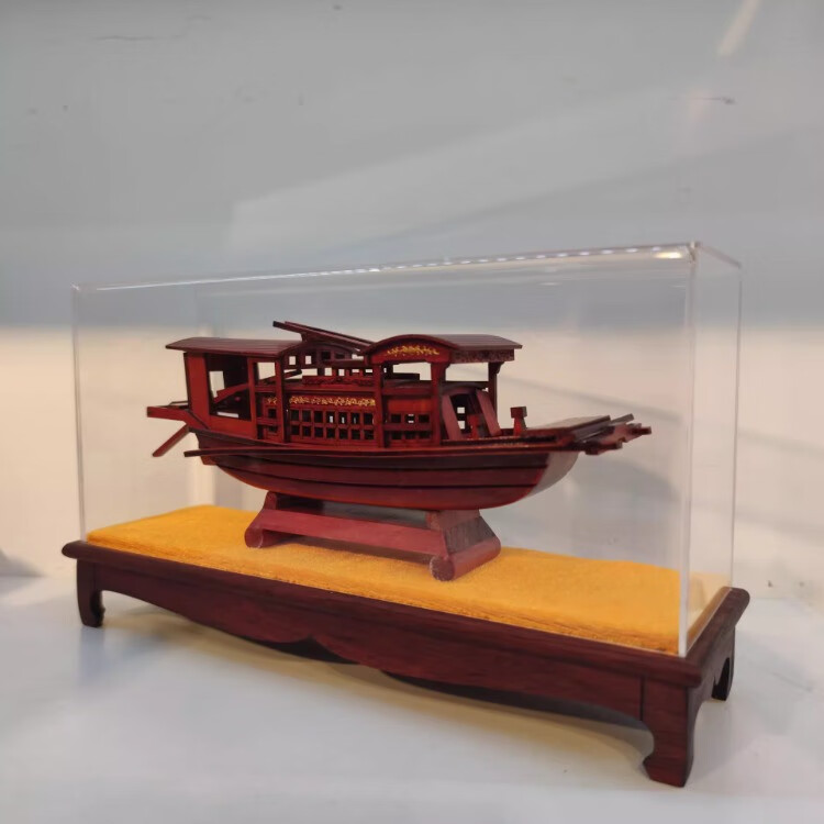 少府南湖红船木质儿童拼装模型玩具桌面摆件手工国风学生特色工艺品 实木红船模型-14CM+玻璃罩