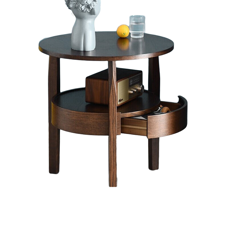 藝柳園實(shí)木茶幾休閑陽(yáng)臺客廳沙發(fā)邊幾邊柜小圓桌創(chuàng  )意角幾邊桌小桌子 雙層帶抽屜款-胡桃色58cm【全實(shí)木】