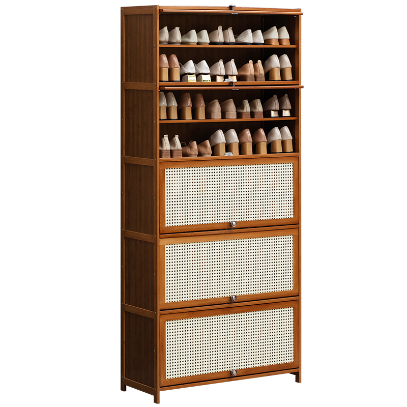 淘之良品多功能藤编门鞋柜简易客厅玄关柜子多层木质透气翻门小鞋架简约家用楠竹换鞋凳防尘加厚大容量置物架 【透气翻门】九层60长(加深宽度32cm)