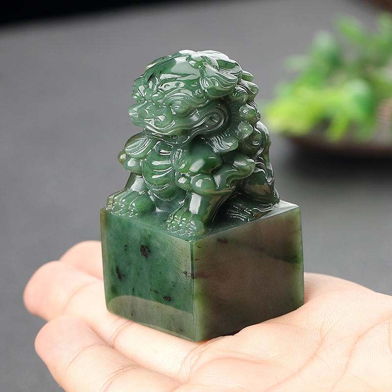涵怡和田玉碧玉狮子印章手把件玉石玉器手工雕刻文玩摆件 和田玉碧玉