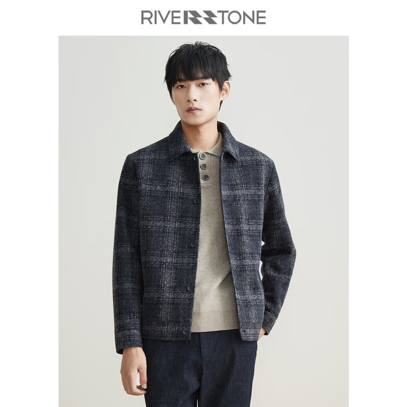 riverstone流石男装冬装时尚翻领格子毛呢外套新款冬季短款羊毛呢子