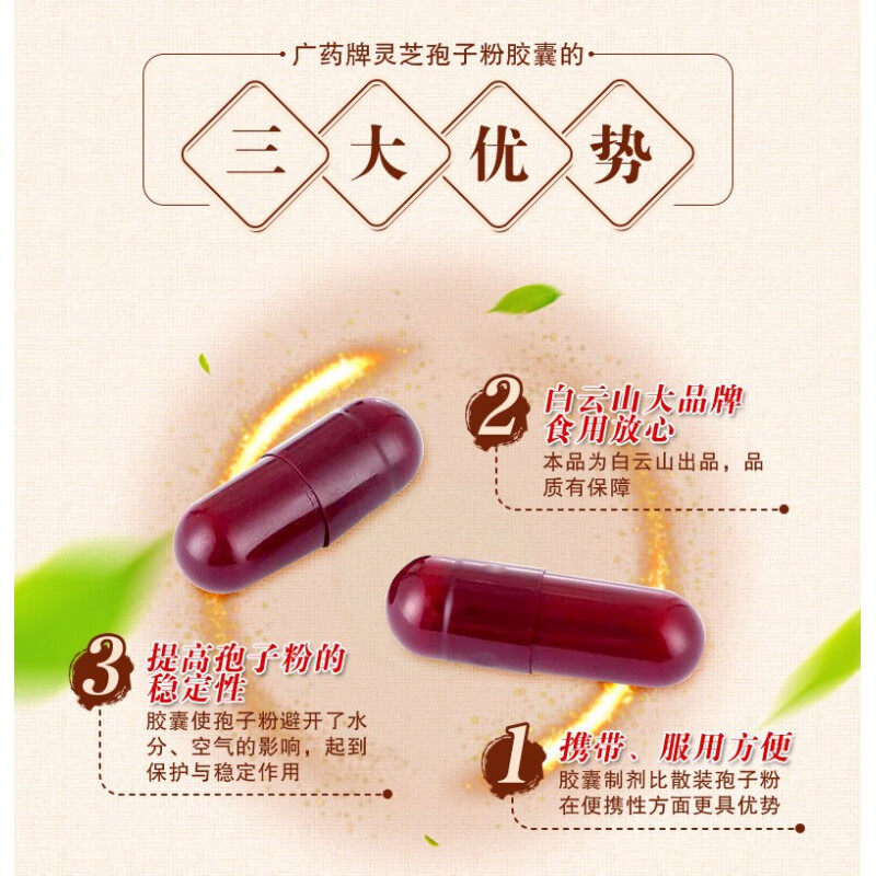 白云山 汉方广药牌破壁灵芝孢子粉胶囊270mg*45粒*2瓶 增强免疫礼品长辈 1盒(45粒*2瓶)