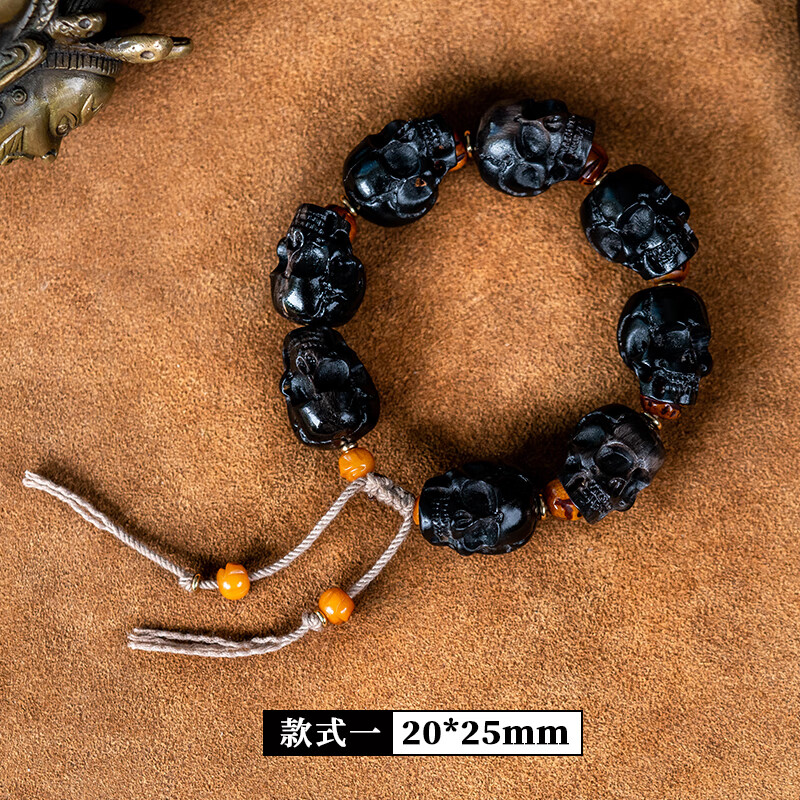 沃韵藏式民族风黑牛角雕刻骷髅头手串牦牛角文玩佛珠男牛角手链男款