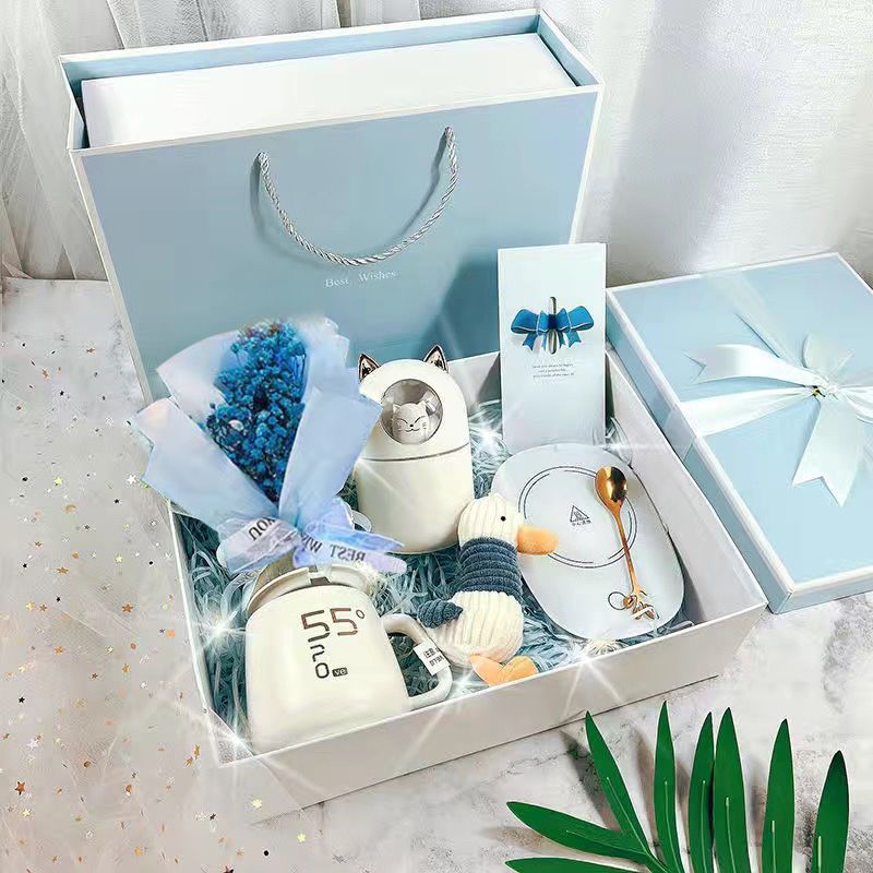 礼物实用的感闺蜜恒温杯伴手礼 蓝色灯光礼盒 杯垫 杯子 勺子 满天星