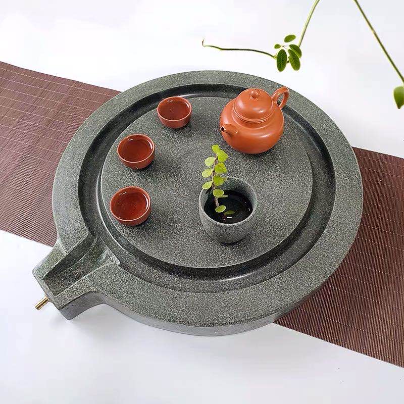 圆形创意石头时来运转青石茶台复古家用功夫茶具 石磨茶盘40cm无木架