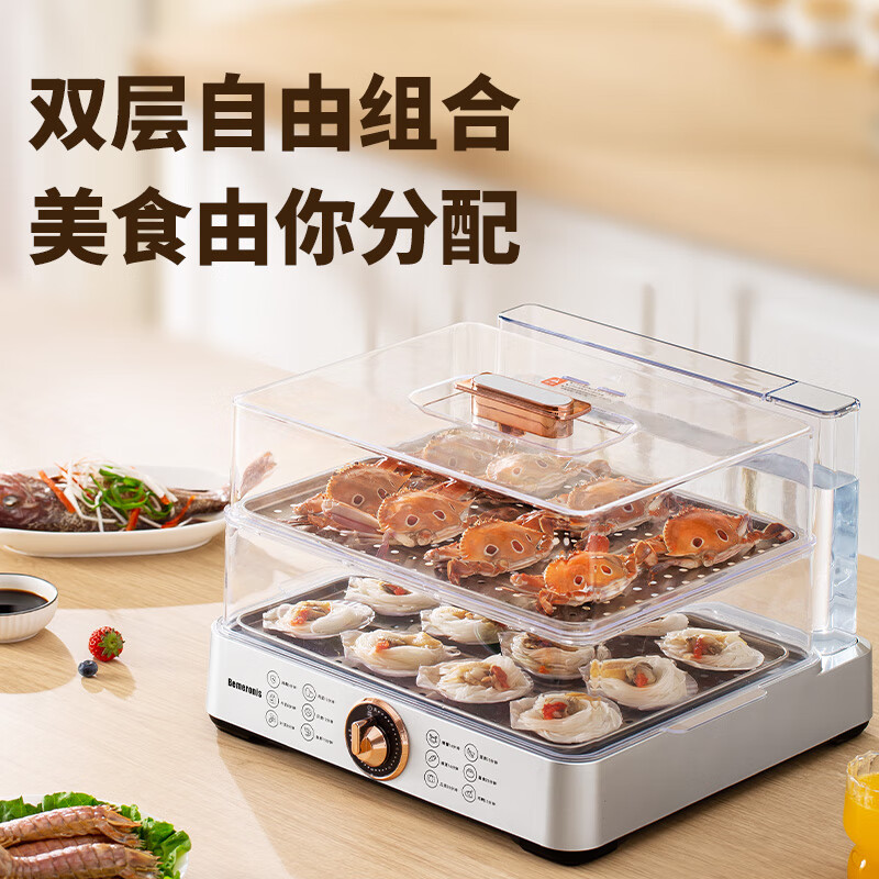 贝默朗斯（Bemeronis）德国电蒸锅家用双层折叠多功能料理20L大容量不锈钢蒸盘电热锅隔水电炖汤箱 太空银色