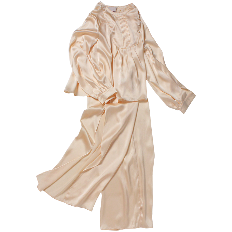 桑羅真絲睡衣新款桑蠶絲套裝優(yōu)雅古典女新中式國風(fēng)家居服 香檳色 XL