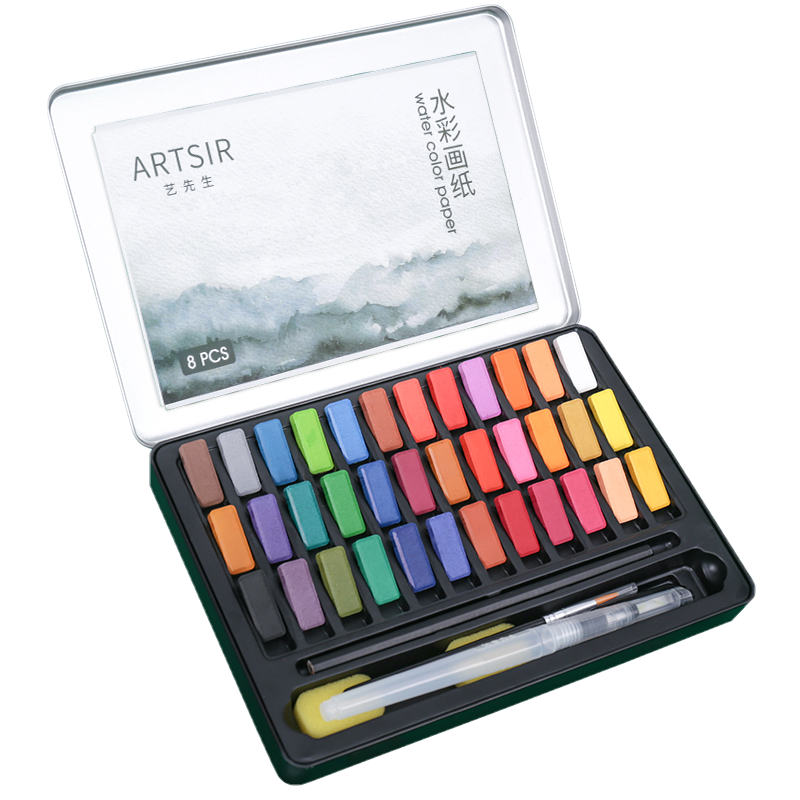 青竹畫(huà)材(CHINJOO) 固體水彩顏料套裝水粉顏料初學(xué)者學(xué)生繪畫(huà)工具手繪美術(shù)專(zhuān)業(yè)便攜學(xué)生兒童顏料盒 48色極夜黑鐵盒裝【46件套】
