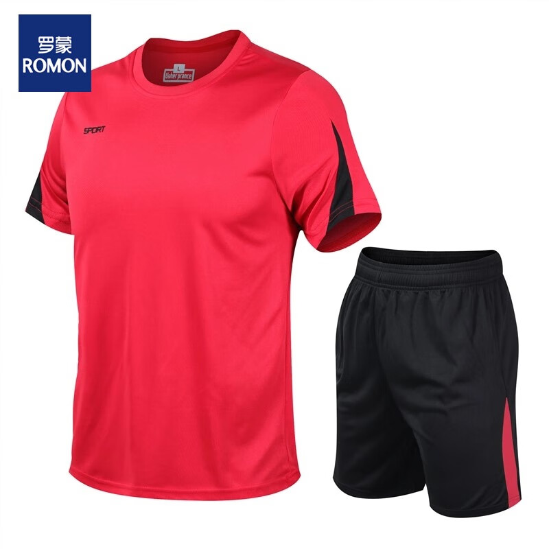 罗蒙(ROMON)男士休闲运动套装短袖两件套户外运动跑步透气速干健身服 红色 3XL（160~180斤）