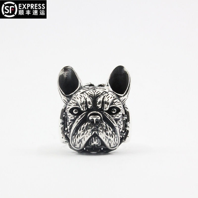 法斗银s925开口戒指复古活链圈斗牛犬手工银实心狗头戒 法斗纯银戒指