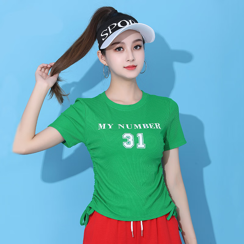 女士套装t恤休闲运动裤广场舞服曳步舞舞蹈裤子gmf 印31短袖t恤 绿色