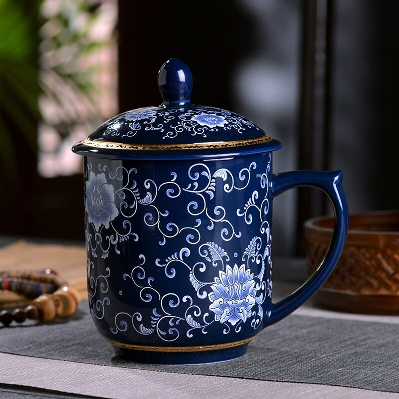 爵仕尊品景德镇青花瓷办公杯大号商务陶瓷杯带盖大容量泡茶杯老板杯