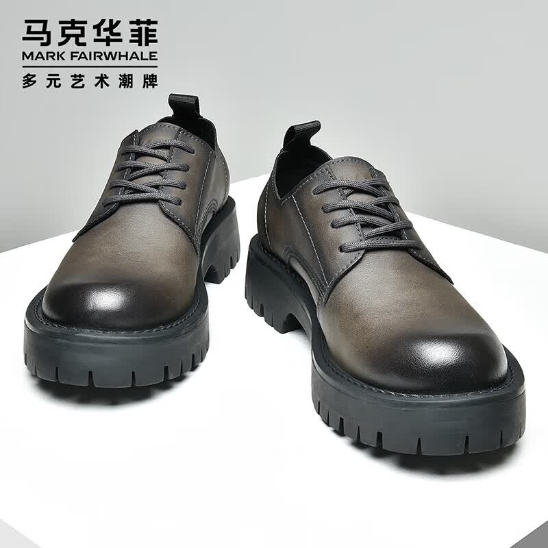 马克华菲男士休闲皮鞋冬季真皮英伦风工装男鞋 纯黑 38