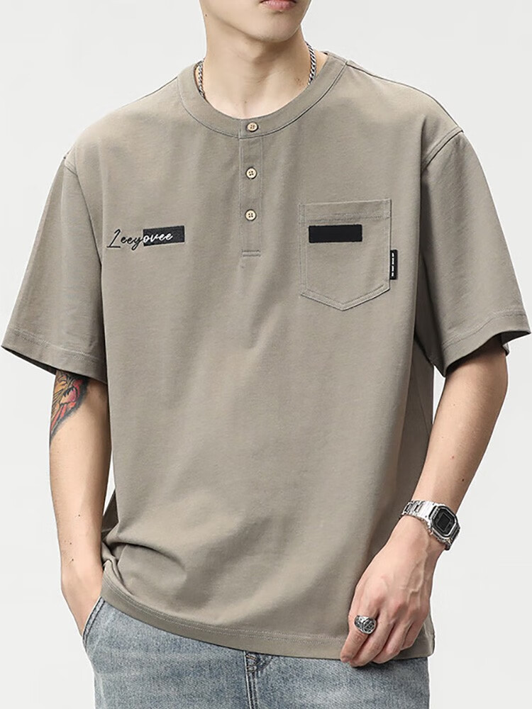 亨利领短袖t恤男夏季宽松纯棉半袖男士高品质休闲体恤上衣男 灰绿色 m