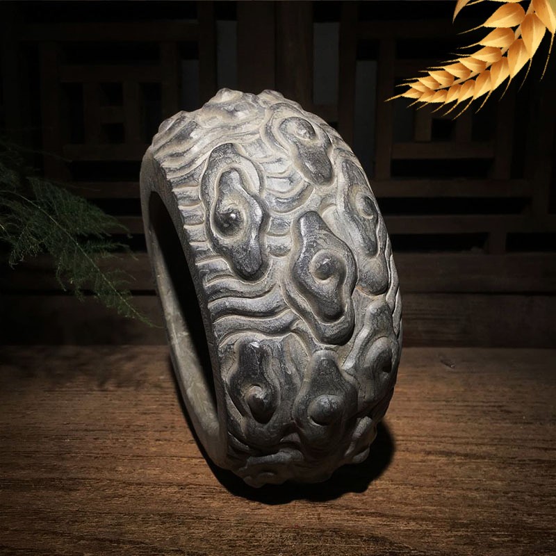 奥琅石苑仿古祥云聚宝盆摆件青石雕复古祥云石盆花盆底座家居摆件办公