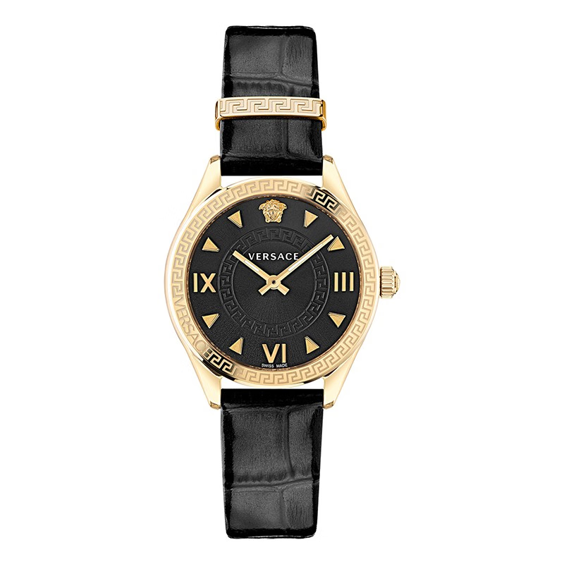 范思哲(versace) 手表女 希腊回纹黑金小牛皮石英手表生日礼物 ve2s