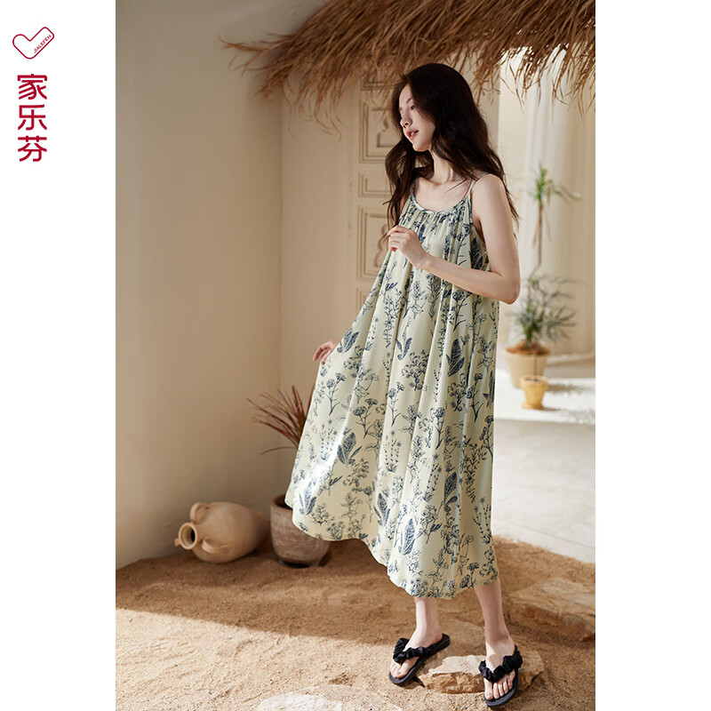 家乐芬睡裙女睡衣夏季夏天冰丝绸吊带背心夏款高级感连衣裙复古风 A824848青梧色 M 适合150-160cm体重80-100斤