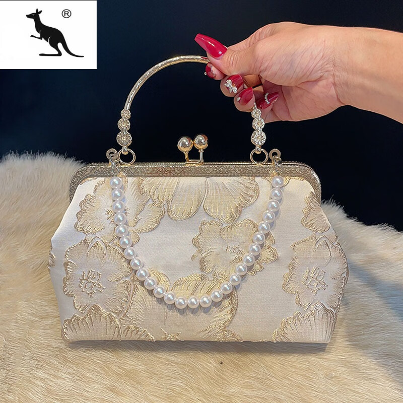 酷奇袋鼠（KUQIDAISHU）古风刺绣手提包旗袍包印花手拿包中国风汉服包斜挎包宴会婚礼包包 L1香槟金+铁环+珠子短链