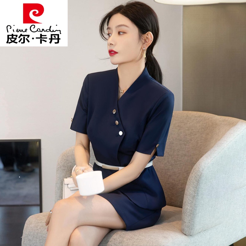 皮尔卡丹品牌轻奢高档女装 小西装套装裙女v领夏季薄款职业正装销售