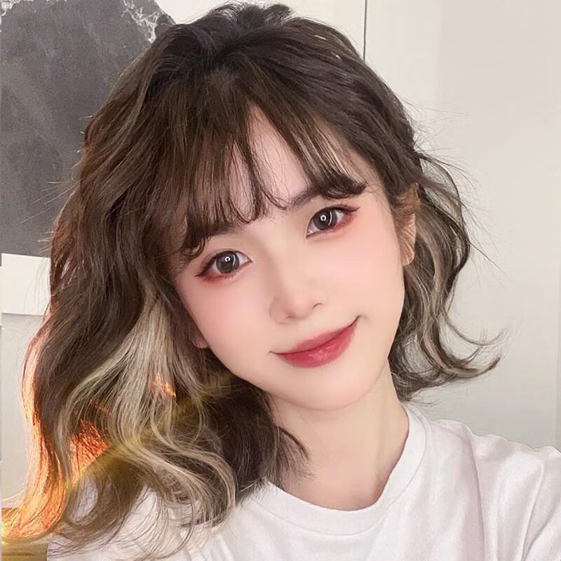 自然仿真挑染水波纹羊毛卷适合圆脸发型假发套 奶茶棕挑染雾白铜 发网