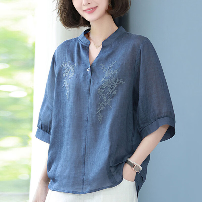 依若彤中年妇女棉麻t恤女夏天夏装短袖士宽松洋气七分上衣胖m 蓝色 m