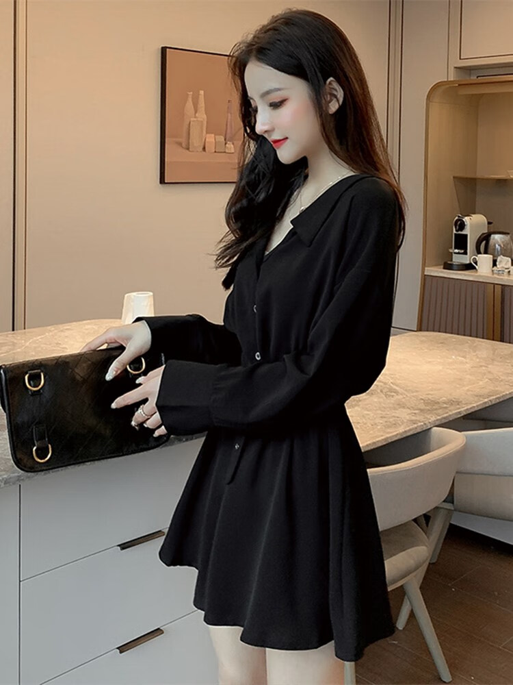 倍荷适合18-30岁女神气质穿的高质感女装春秋法式黑色长袖连衣 黑色 s