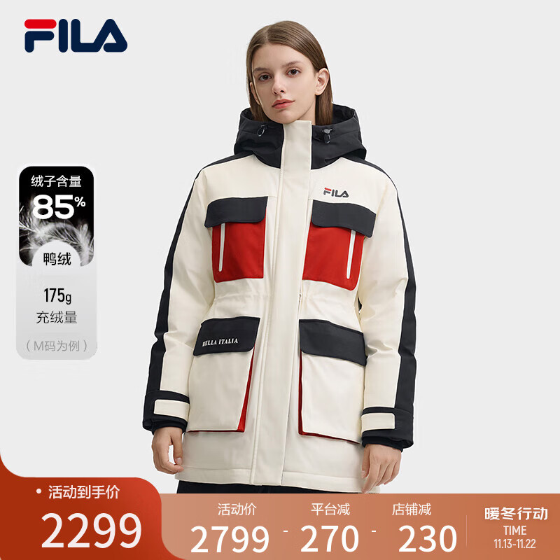 FILA 斐乐官方女中长派克羽绒服2024冬新款复古运动拼色连帽保暖外套 鲜乳白-IV 165/84A/M