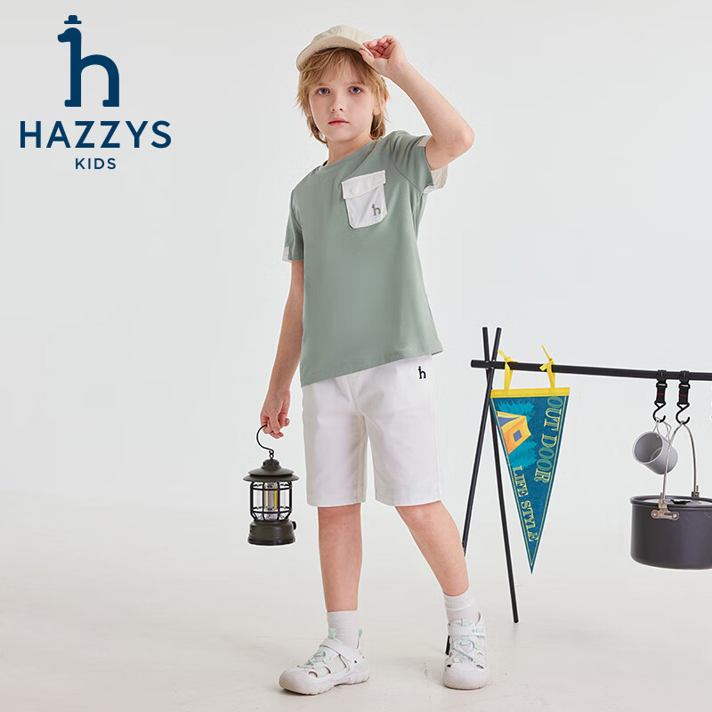 哈吉斯(HAZZYS)品牌童装男童T恤夏季新款宽松轻薄弹力简约休闲短袖圆领衫 松露绿 165
