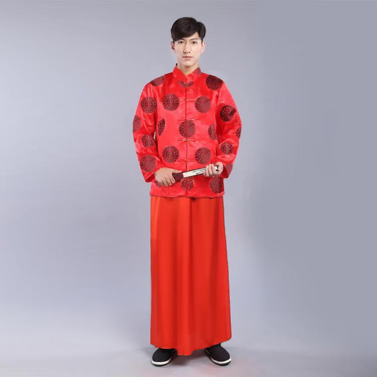 洛必達(dá)地主服裝財(cái)主馬褂民國(guó)老爺古裝演出服老人唐裝壽服秀禾男新郎裝 紅色黑圈(上衣+裙,不含帽子) 不包含帽子,帽子需另拍