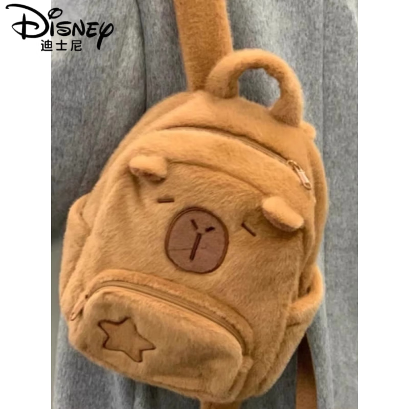 迪士尼（Disney）减负护脊卡皮巴拉毛绒水豚包包双肩女大容量新款2023秋冬可爱书包 水豚背包 35x30