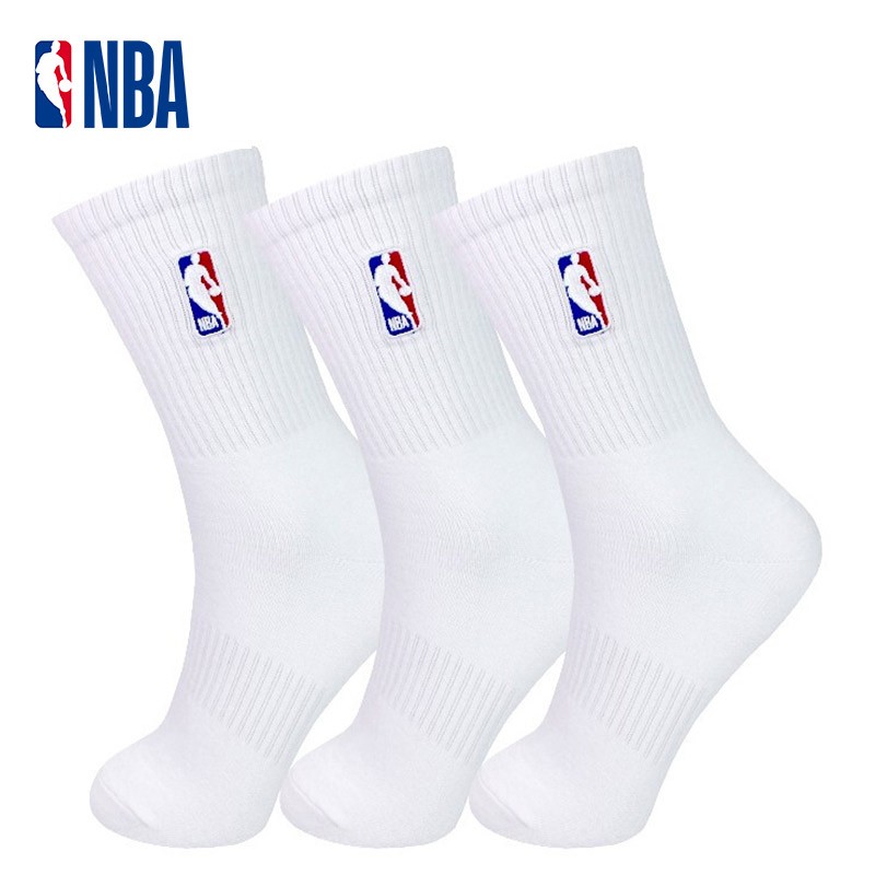 NBA袜子男士休闲运动袜长筒纯白色精梳棉春夏高筒刺绣篮球跑步袜3双