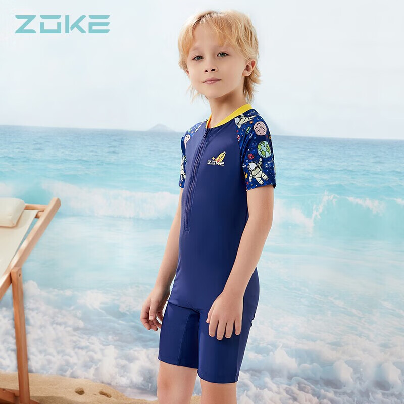 洲克（ZOKE）儿童泳衣男童中大童连体平角素色短袖温泉122503544 深紫兰18
