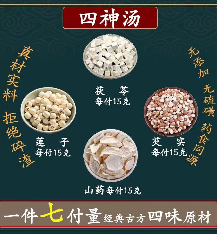 倪师推荐四神汤茯苓山药莲子芡实各15克一副中药养生方湿气重舌苔白
