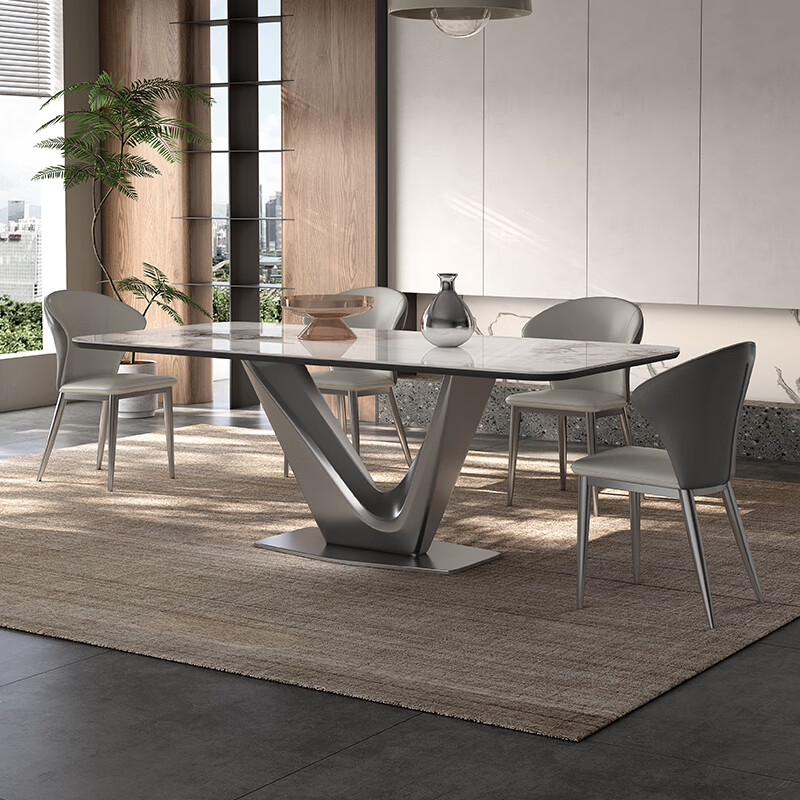 贾斯珀亮光岩板餐桌轻奢现代高端长方形桌子家用小户型饭桌家用餐椅组合 1.4*0.8米+4椅