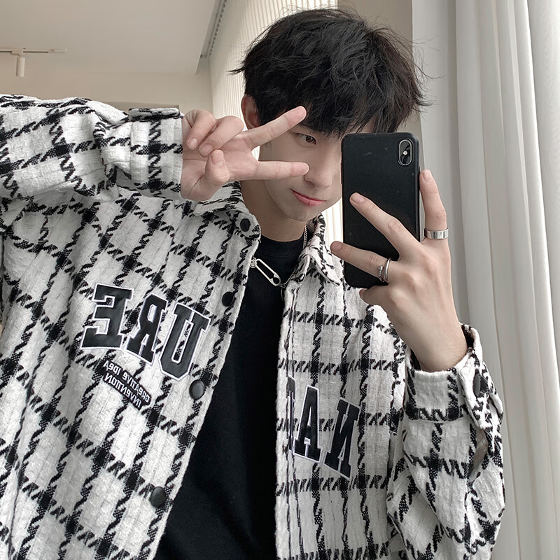 Foss Phil夹克男装小香风潮流百搭格子长袖上衣2026春夏季外套男士学生 JZL-23105白色 XL (130斤-150斤)