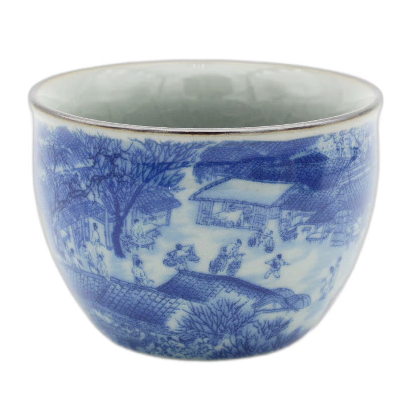 余着 仿古中式青花陶瓷开片主人杯满彩功夫茶具大容量老陶泥精品茶杯 清明上河图缸杯