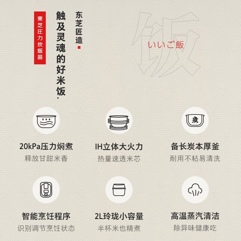东芝（TOSHIBA）小白桃迷你鲜饭煲 进口不沾涂层 多功能家用智能IH加热微压力小型电饭锅1-2人 日本同款 以旧换新 RC-6PXSC【微压焖香】 2L