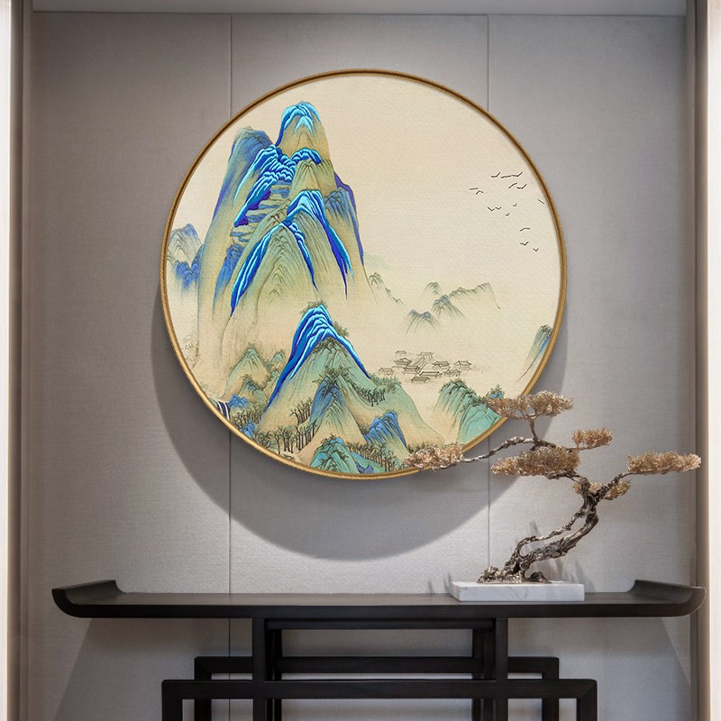 舒厅 苏绣刺绣画成品挂画圆形玄关装饰画新中式湘绣客厅背景壁山水画