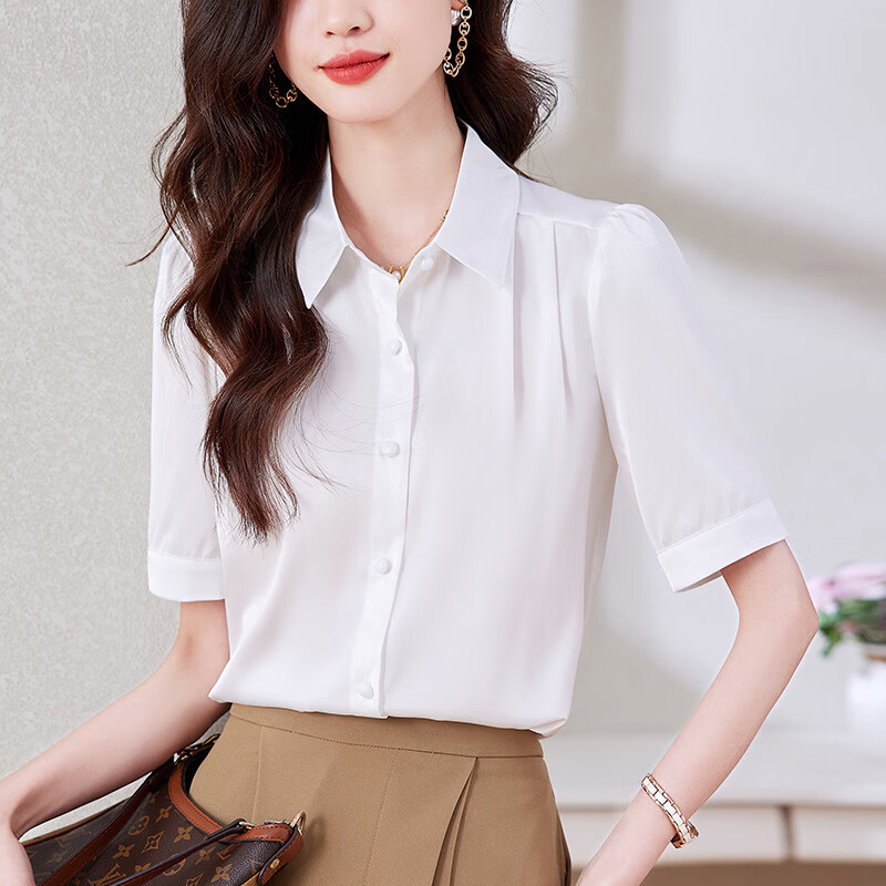 yzyu优衣官方依库白色职业装女士衬衫夏季薄款简约百搭通勤短袖衬衣
