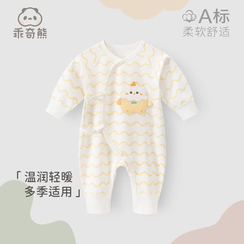 乖奇熊婴儿绑带连体衣春秋季新生儿纯棉长袖家居服宝宝哈衣和尚服 白色/小鸡啾啾 59cm怎么看?