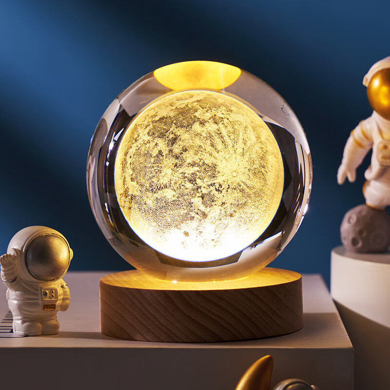 我思我梦3D内雕LED发光水晶球创意摆件月球宇航员毕业纪念礼品生日小礼物 6厘米水晶球-月球 充电款单色灯（礼盒袋子）