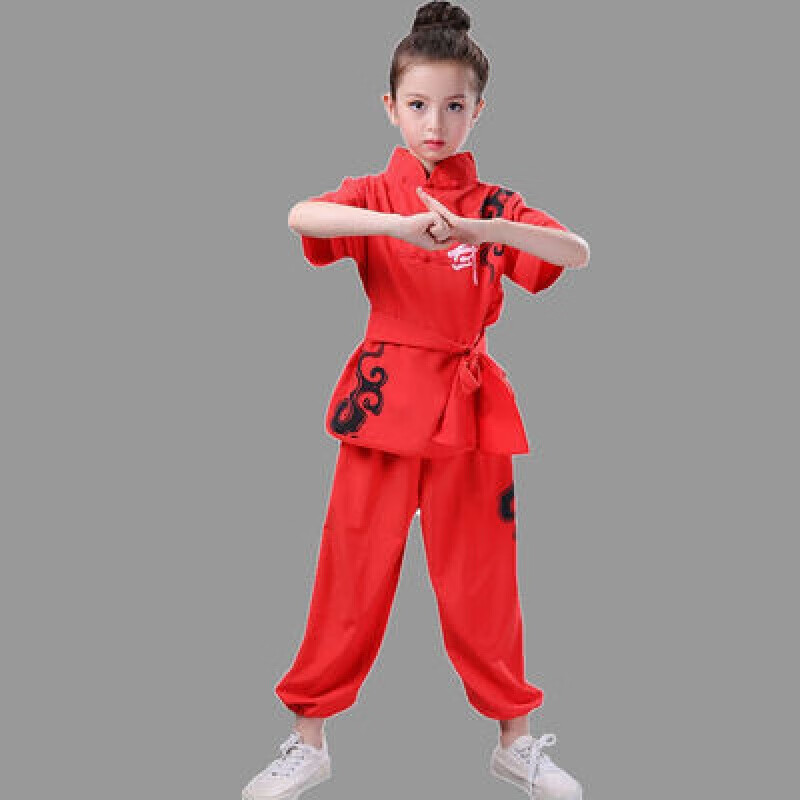 演出服装少儿练功服男童练武服中国功夫武术服女童表演服 红色短袖 m